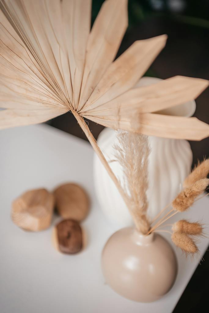 Ceramic Vase with Dried Palm Leaf and Grass Flowers